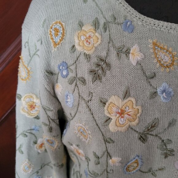 Talbots Floral Embroidered Sweater S Cotton Blend Green Yellow Blue - Picture 8 of 8